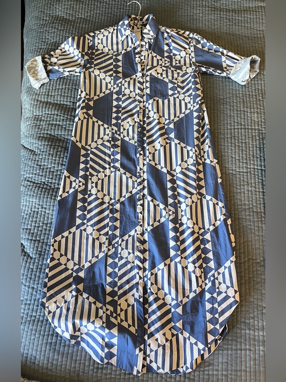 Anthropologie Navy and White Geometric Button-Front Long Sleeve Dress